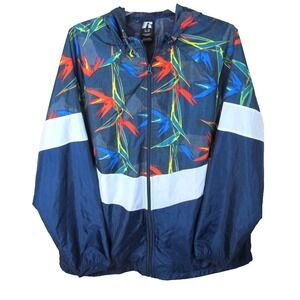 Russell Full Zip Hooded Windbreaker Jacket Men's XL Blue Floral Print‎